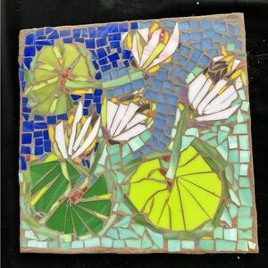 Handmade Glass Mosaic Art “Water Lilies Original On Board 11”x11” OOAK